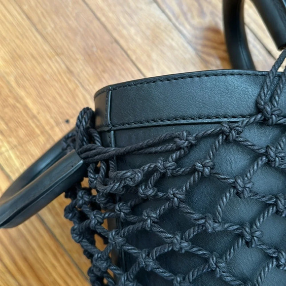 STAUD Black Moreau Leather Woven Bucket Mini Bag | Designer Minimalist Chic - Picture 3 of 7